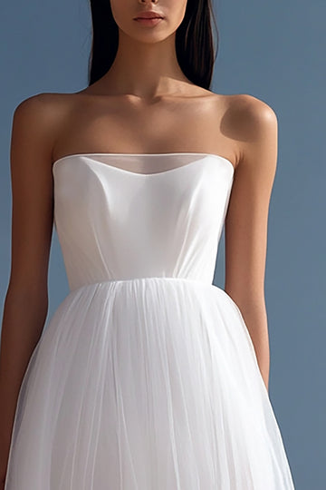 White A Line Strapless Tulle Wedding Dress